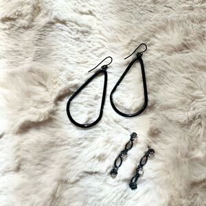 TWO (one Black coated dangle drop hoops and dangle w/rhinestone) EARRINGS